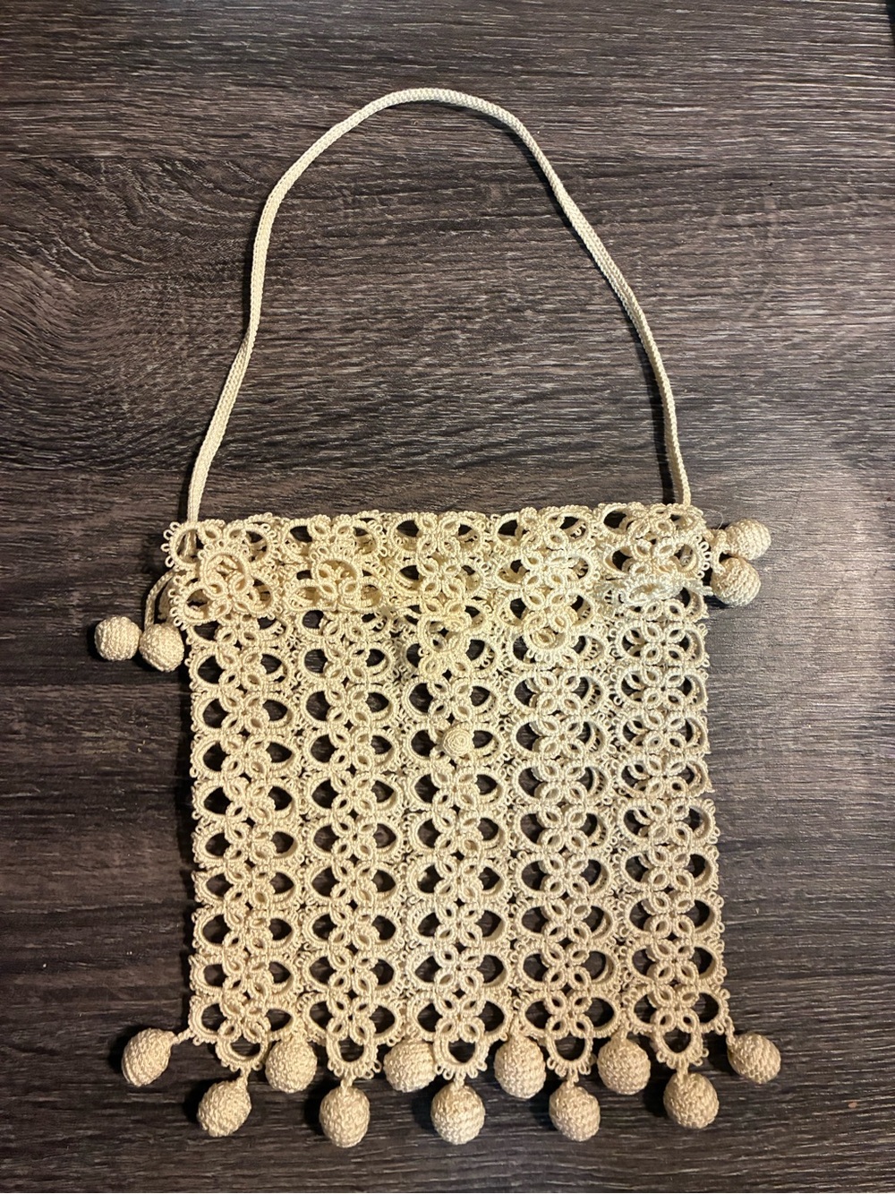 Vintage Cream Crochet Clutch with Pom Trim